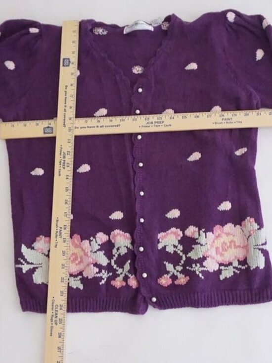 Vintage Maggie Lawrence Purple Polka Dot Floral Embroidered Knit Cardigan M - Picture 3 of 9